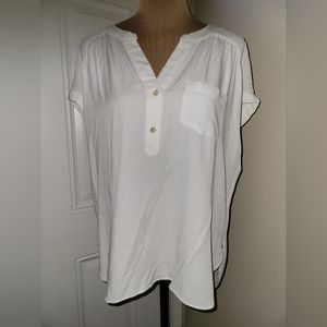White Cap Sleeve Relaxed Blouse with Mandarin Collar